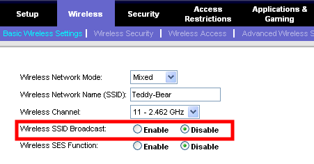 linksys disable ssid broadcast mode