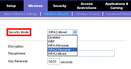 linksys wireless mode de sécurité