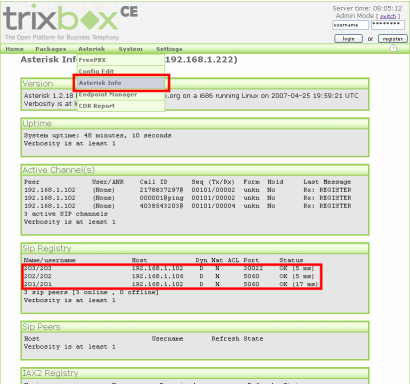 trixbox SIP users asterisk info